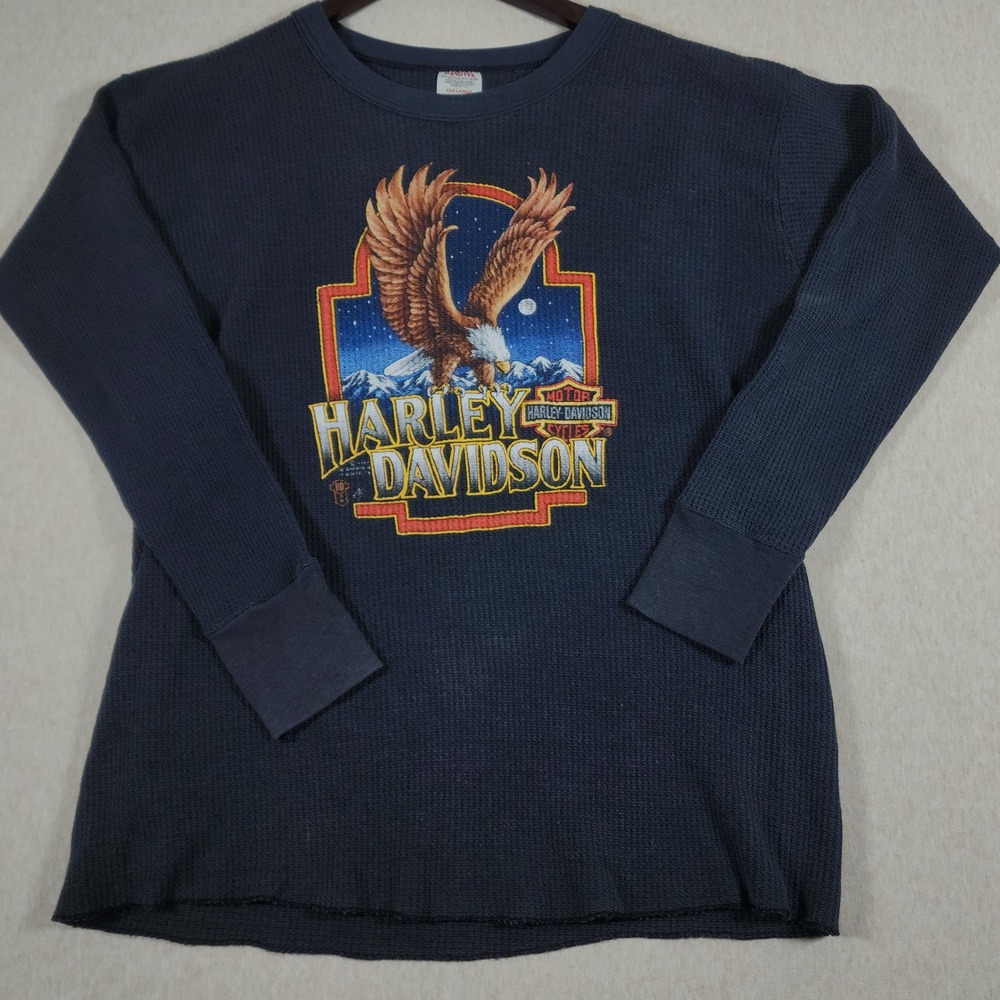 Vtg 80s Harley Davidson Thermal Shirt 3D Emblem Handtex Eagle Easthampton MA 3XL